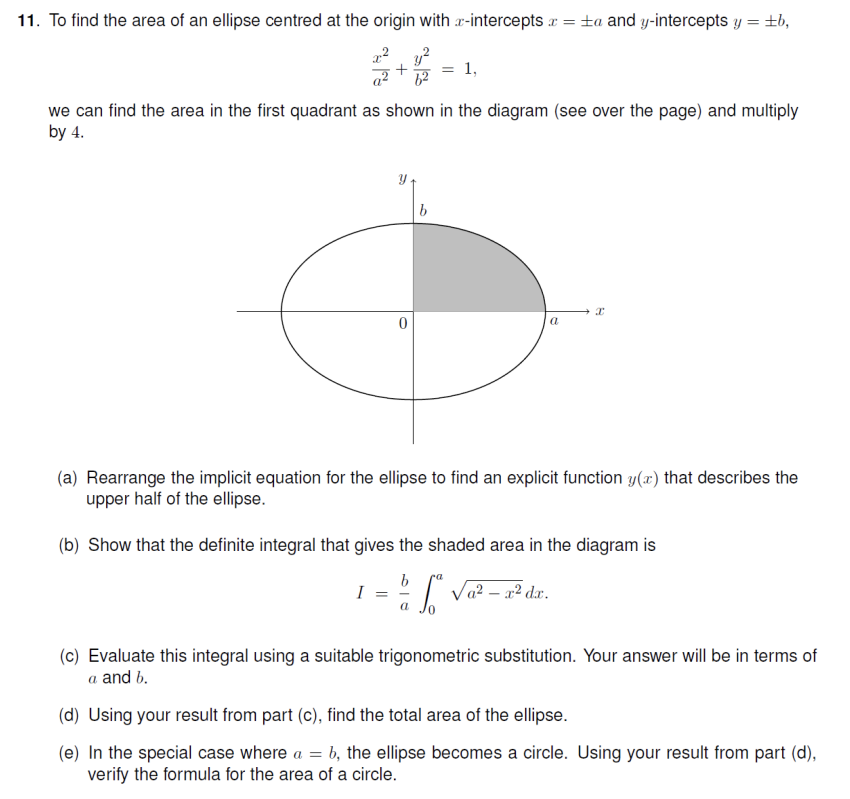 Solved T = 11. To find the area of an ellipse centred at the | Chegg.com