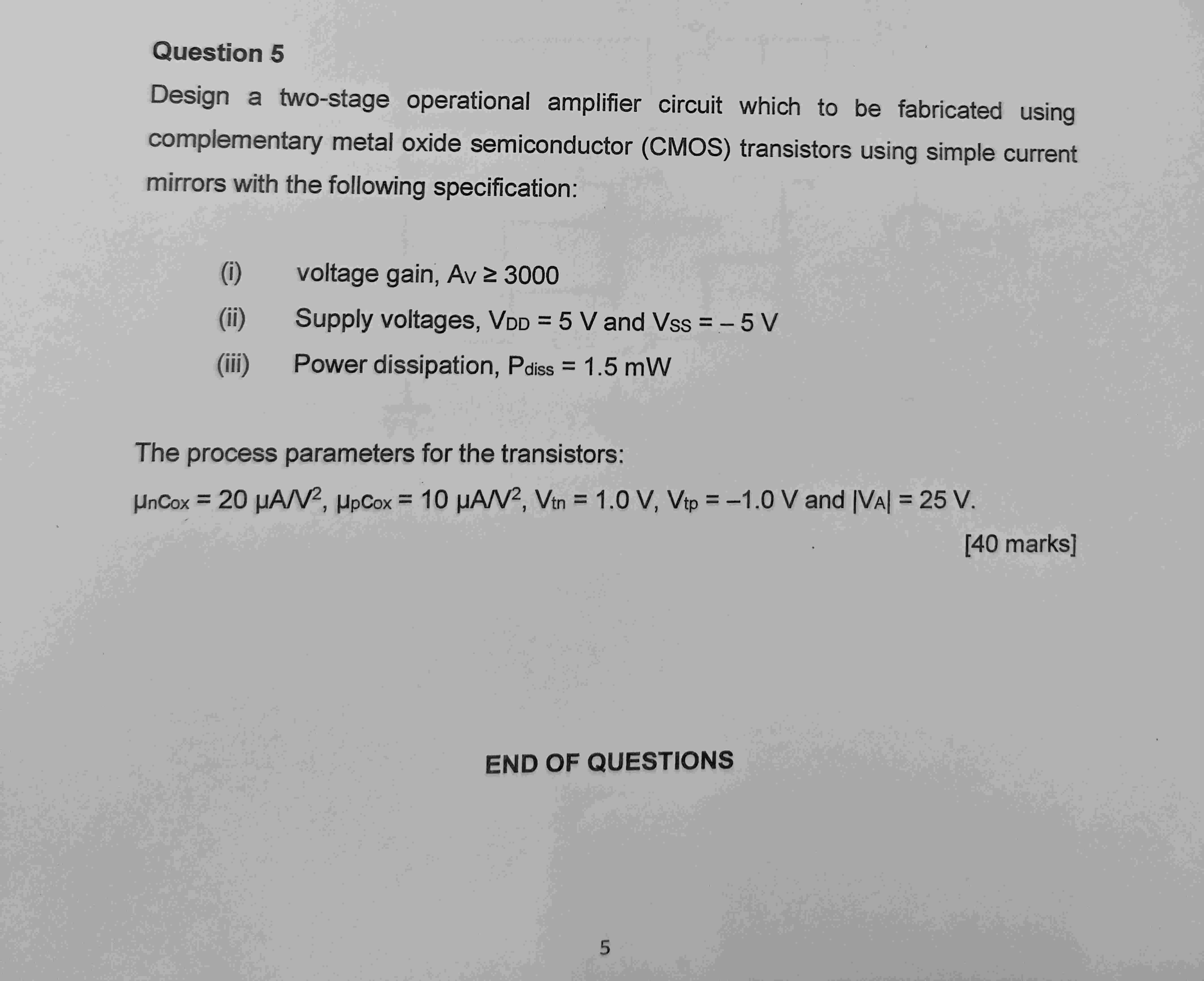 Solved Question 5Design a two-stage operational amplifier | Chegg.com