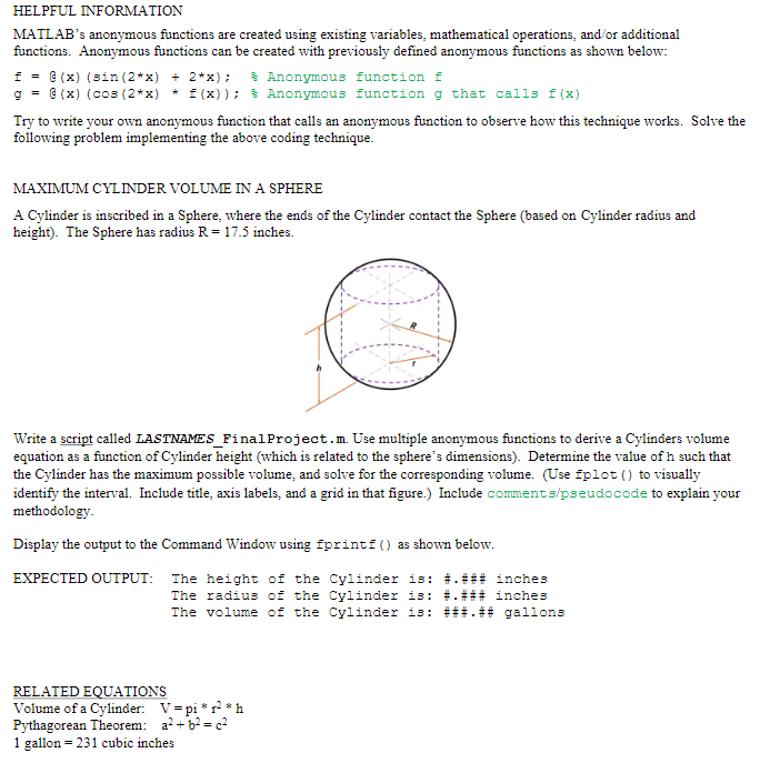 Solved HELPFUL INFORMATION MATLAB's anonymous functions are | Chegg.com