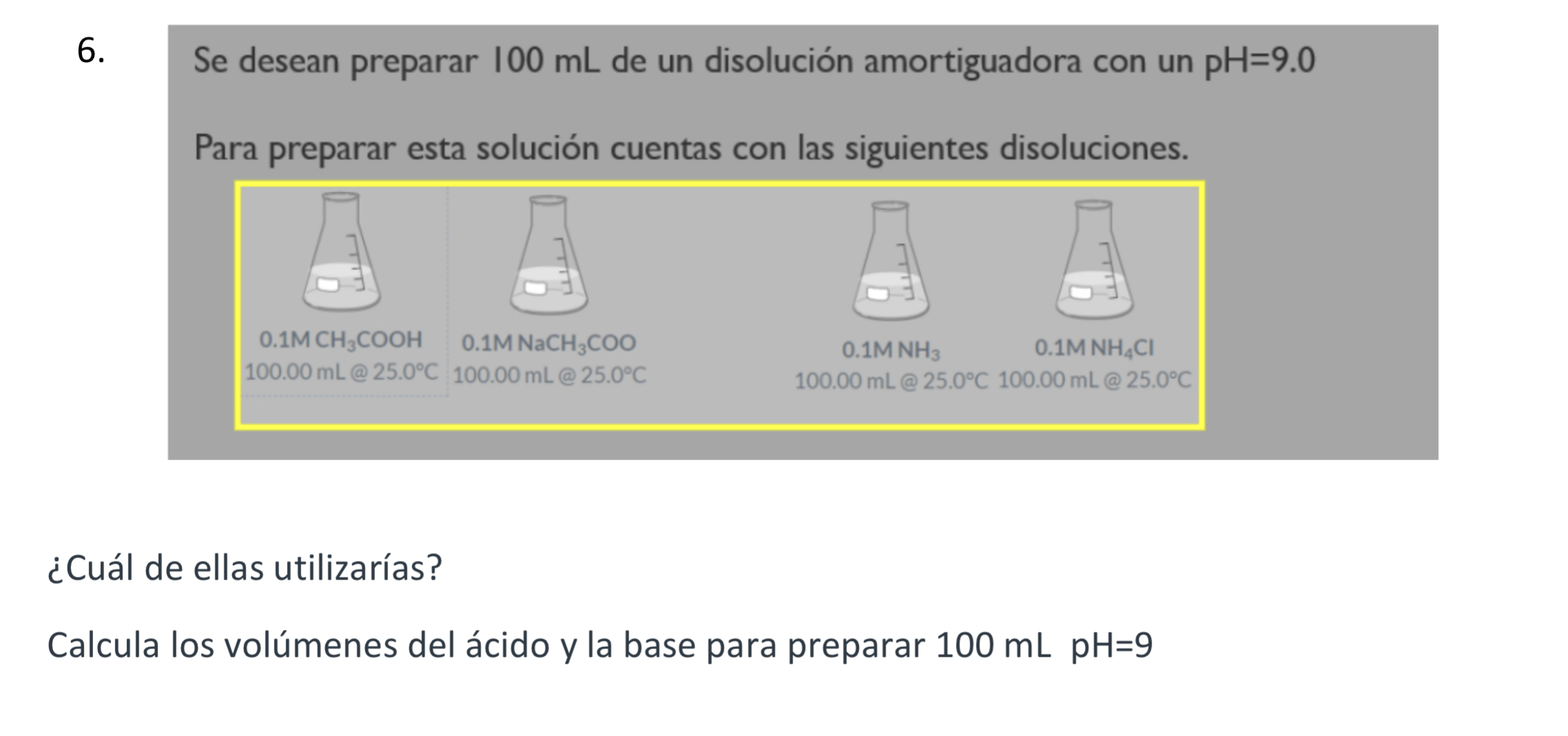 6. Se desean preparar \( 100 \mathrm{~mL} \) de un disolución amortiguadora con un \( \mathrm{pH}=9.0 \) Para preparar esta s