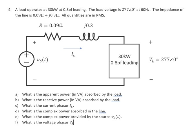 Solved 4. A load operates at 30kW at 0.8pf leading. The load | Chegg.com