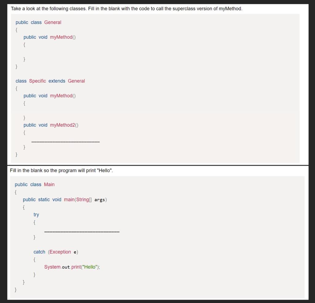 Solved Take a look at the following classes. Fill in the | Chegg.com