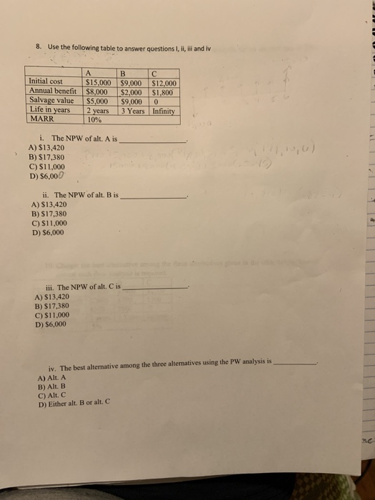 Solved 8. Use the following table to answer questions I, ii, | Chegg.com