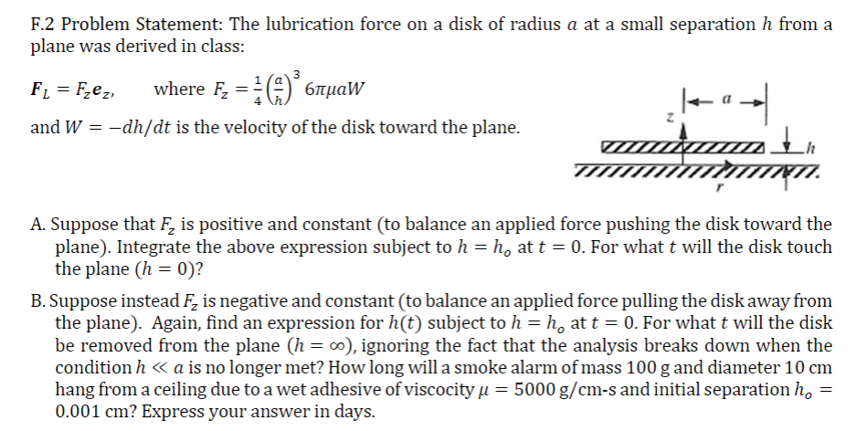Solved F.2 ﻿Problem Statement: The lubrication force on a | Chegg.com