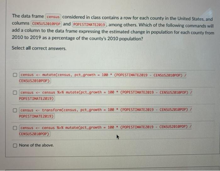 Solved The data frame census considered in class contains a | Chegg.com