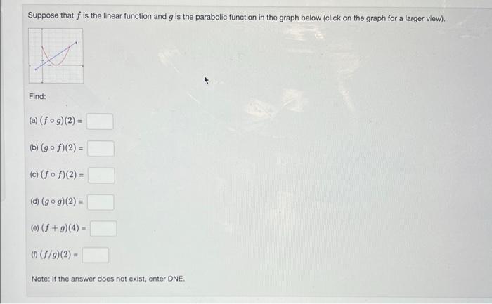 Suppose that \( f \) is the linear function and \( g \) is the parabolic function in the graph below (click on the graph for