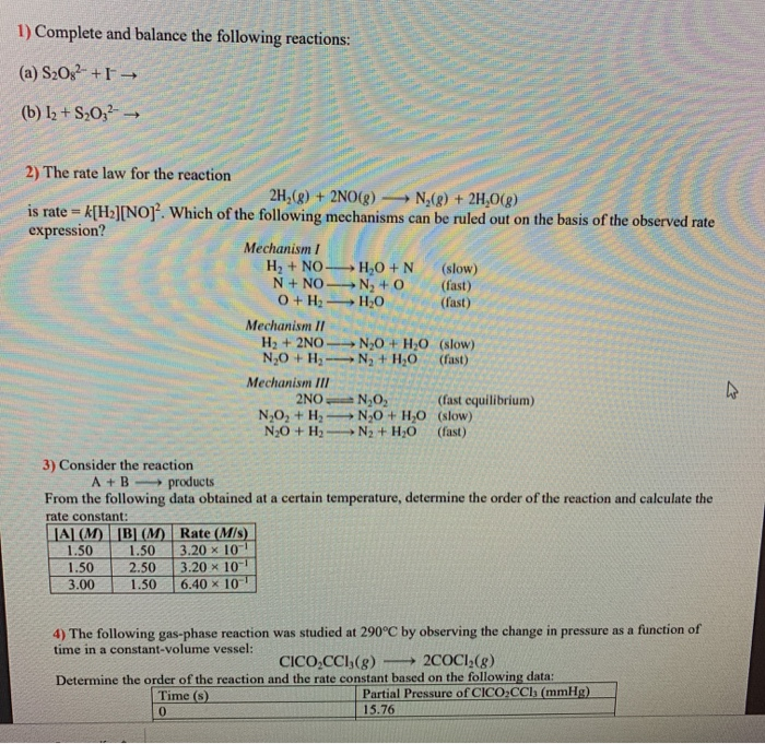 Solved 1 Complete And Balance The Following Reactions Chegg Com