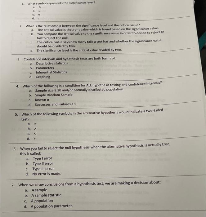 Solved 1. What symbol represents the significance level? a. | Chegg.com