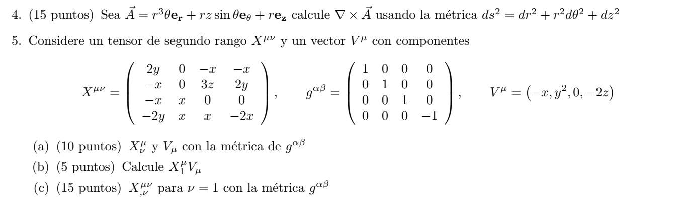 4. (15 puntos) Sea Ā= p30er + rzsin (eg +re, calcule V x Ā usando la métrica ds? = dr2 + p2d02 + d22 5. Considere un tensor d