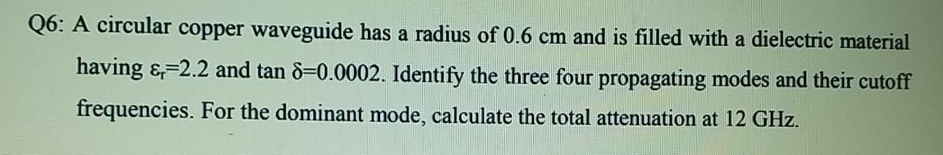 Solved Q6: A circular copper waveguide has a radius of 0.6 | Chegg.com