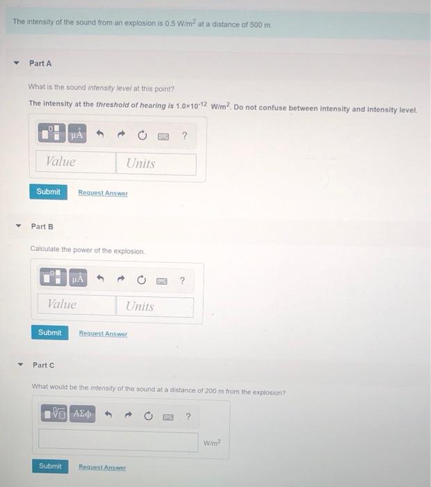 Solved The intensity of the sound from an explosion is 05 | Chegg.com