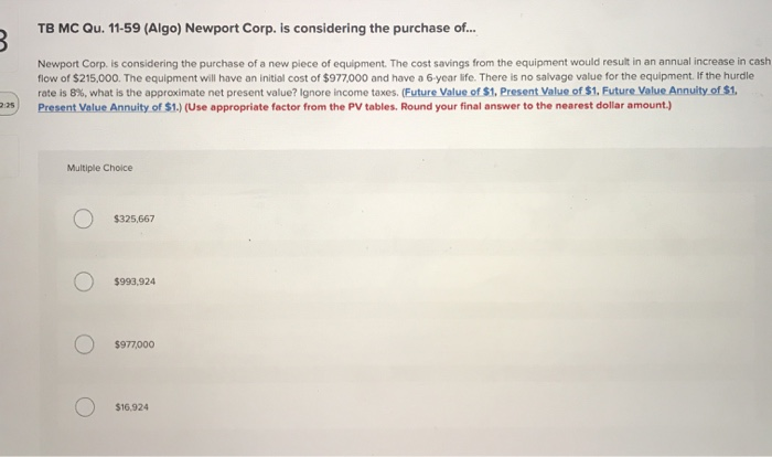 Solved Tb Mc Qu 11 59 Algo Newport Corp Is Considering