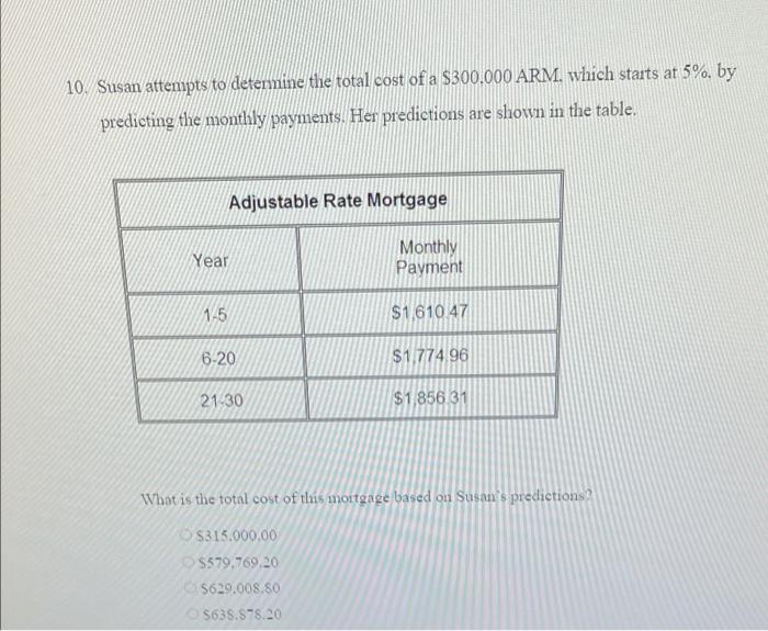 Solved 10. Susan attempts to determine the total cost of a | Chegg.com