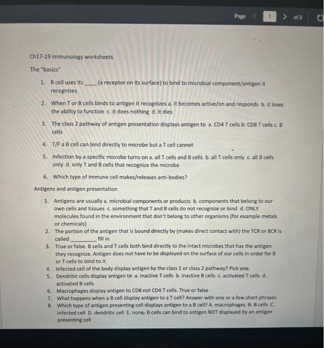 Solved Ch17-19 immunology worksheets The "basics" 1. B cell | Chegg.com