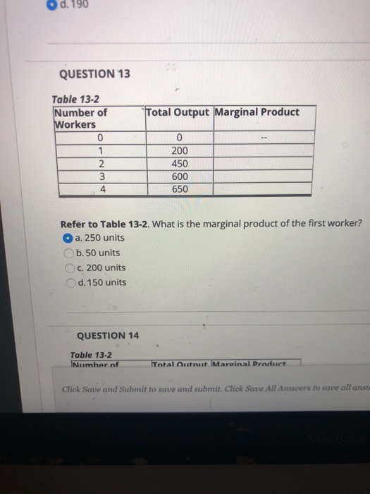 Solved d. 190 QUESTION 13 Table 13-2 Number of Workers 0 | Chegg.com
