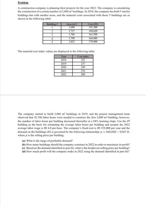 Solved Problem A construction company is planning their | Chegg.com
