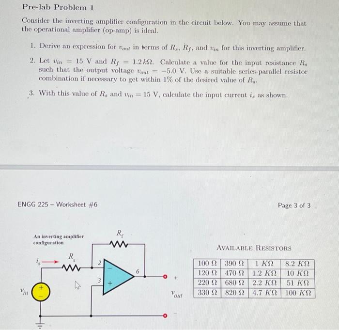 Solved Pre-lab Problem 1 Consider The Inverting Amplifier | Chegg.com