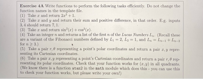 Solved Exercise 4A Write functions to perform the following | Chegg.com
