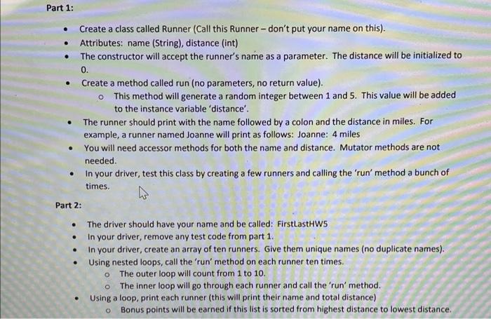 Part 1: . . . Create a class called Runner (Call this | Chegg.com