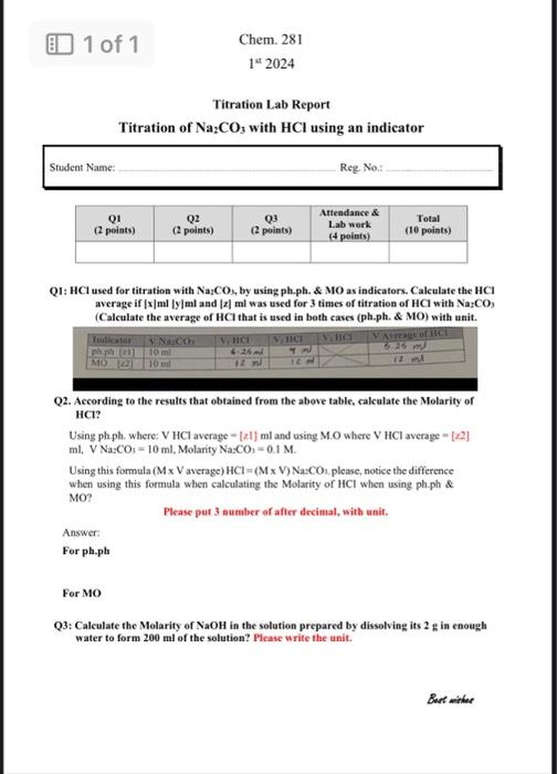 Solved Titration Lab Report Titration of Na2CO3 with HCl