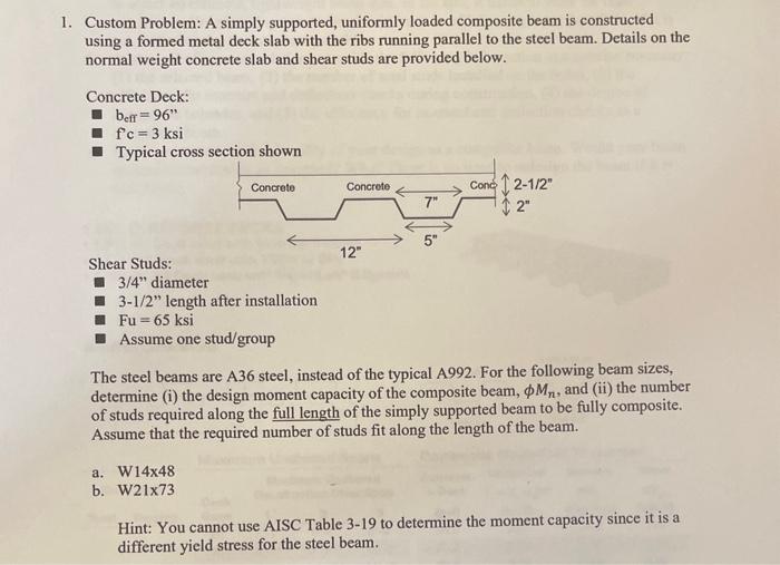 Custom Problem: A simply supported, uniformly loaded composite beam is constructed using a formed metal deck slab with the ri