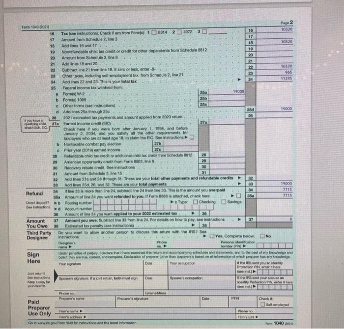 U.S. Individual Income Tax Return ∣2021 oue No | Chegg.com