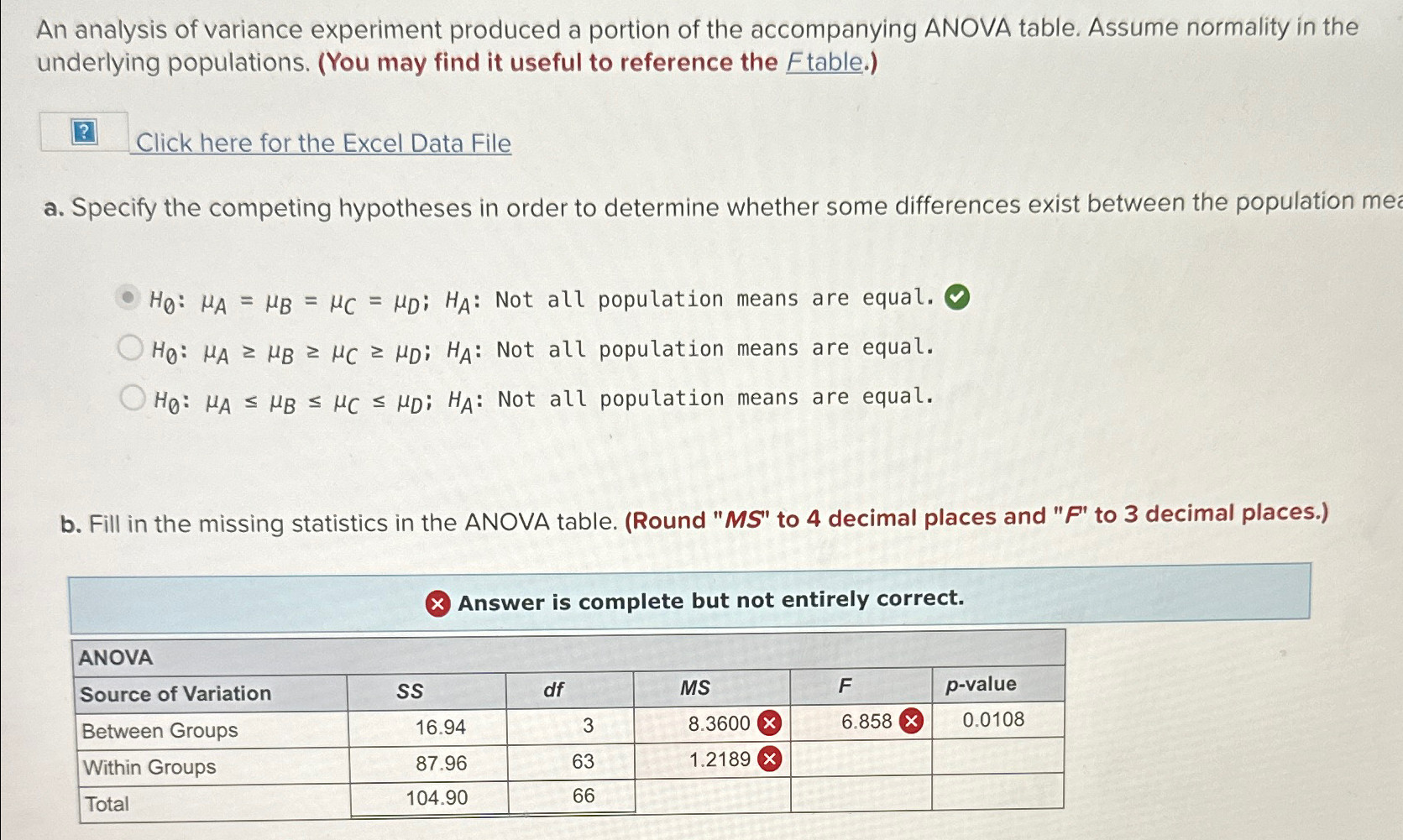 Solved An analysis of variance experiment produced a portion | Chegg.com
