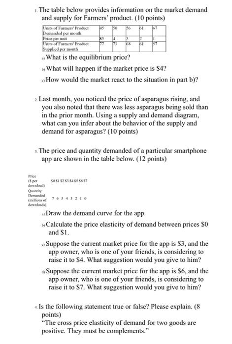Solved 1. The table below provides information on the market | Chegg.com