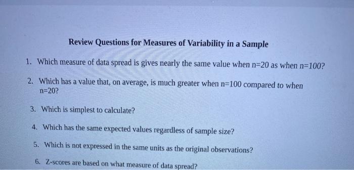 Solved Review Questions for Measures of Variability in a | Chegg.com