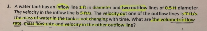 Solved 1. A water tank has an inflow line 1 ft in diameter | Chegg.com