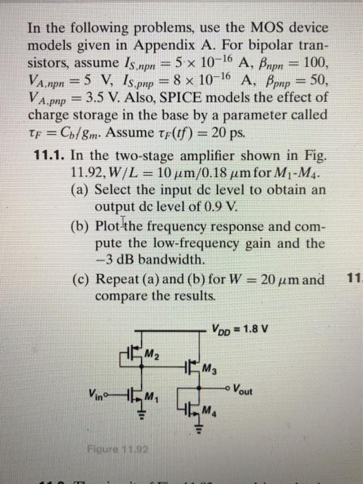 In the following problems, use the MOS device models | Chegg.com