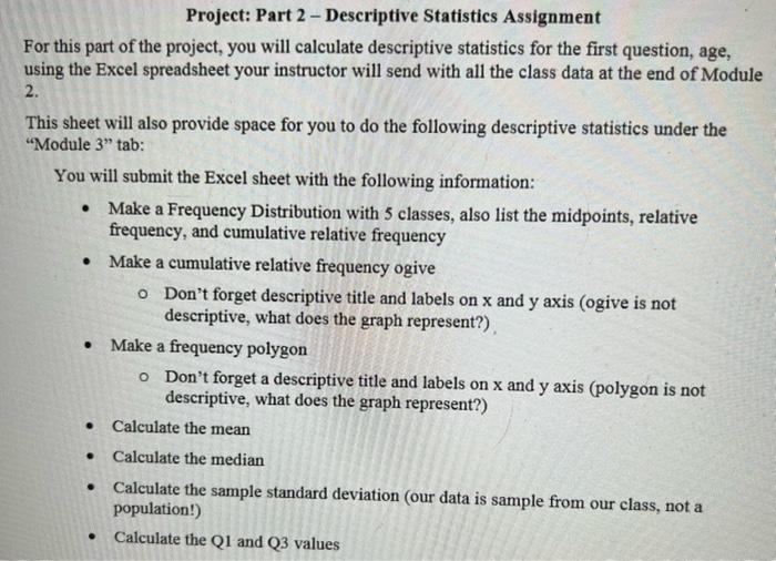 Project: Part 2 - Descriptive Statistics Assignment | Chegg.com