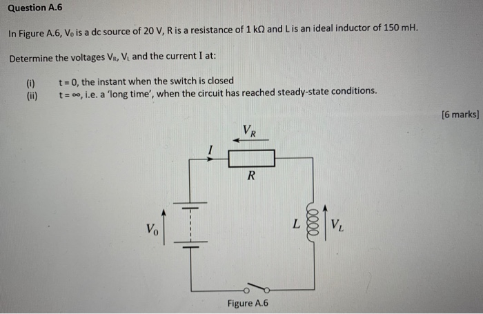 Solved Question A.6 In Figure A.6, V. is a dc source of 20 | Chegg.com