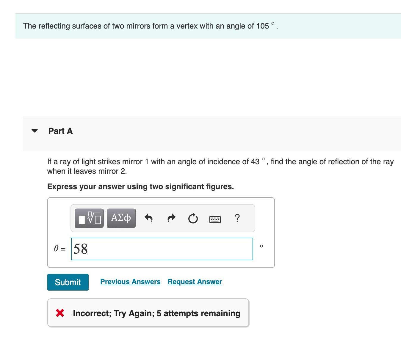 Solved The reflecting surfaces of two mirrors form a vertex | Chegg.com