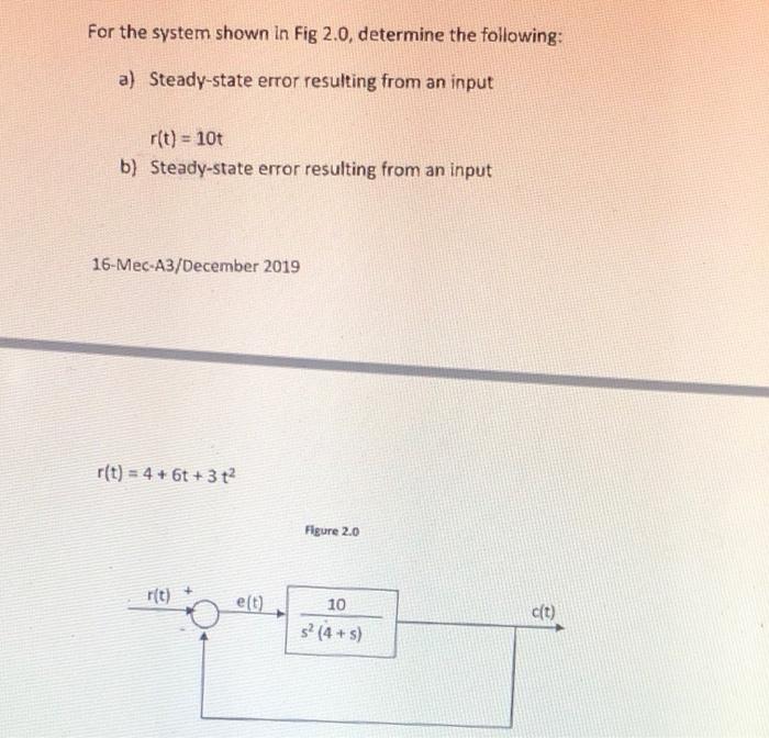 Solved For the system shown in Fig 2.0, determine the | Chegg.com
