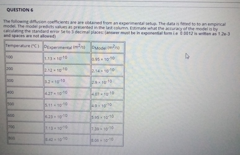 Solved QUESTION 6 The Following Diffusion Coefficients Are | Chegg.com