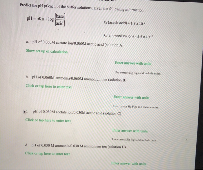 Solved Predict the pH pf each of the buffer solutions, given | Chegg.com