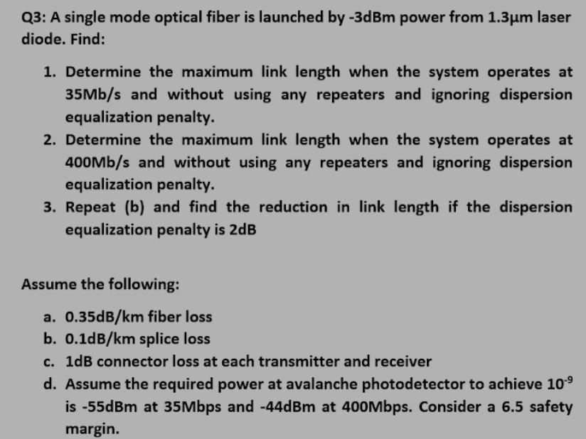 Solved Q3: A single mode optical fiber is launched by -3dBm | Chegg.com