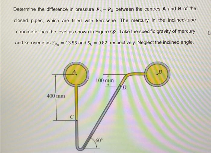 Solved Determine the difference in pressure PA PB between | Chegg.com