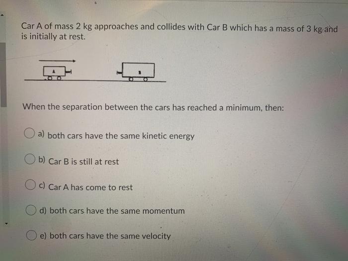 Solved Car A Of Mass 2 Kg Approaches And Collides With Car B | Chegg.com