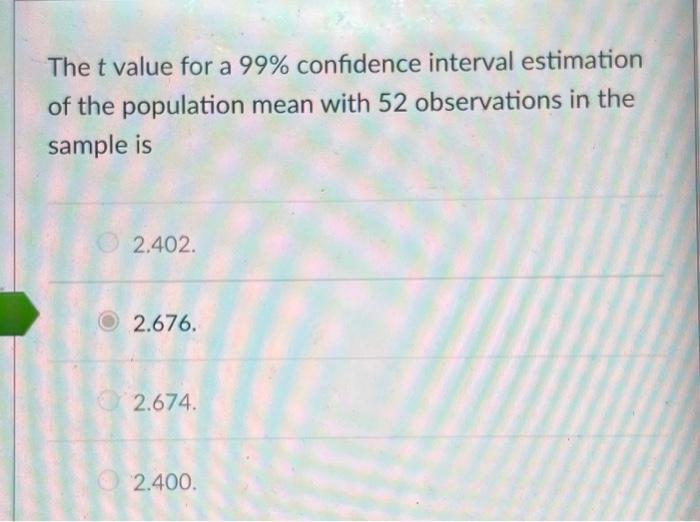 Solved The t value for a 99\% confidence interval estimation | Chegg.com