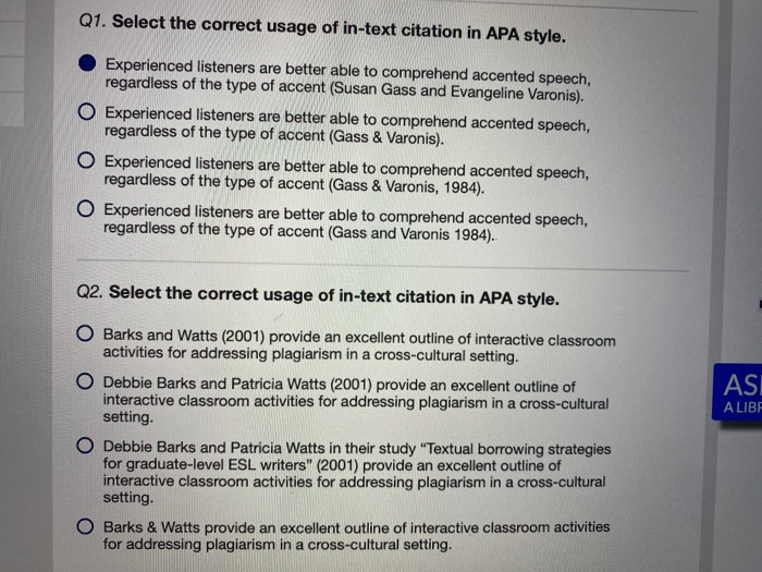 Solved Q1 Select The Correct Usage Of In Text Citation I Chegg Com