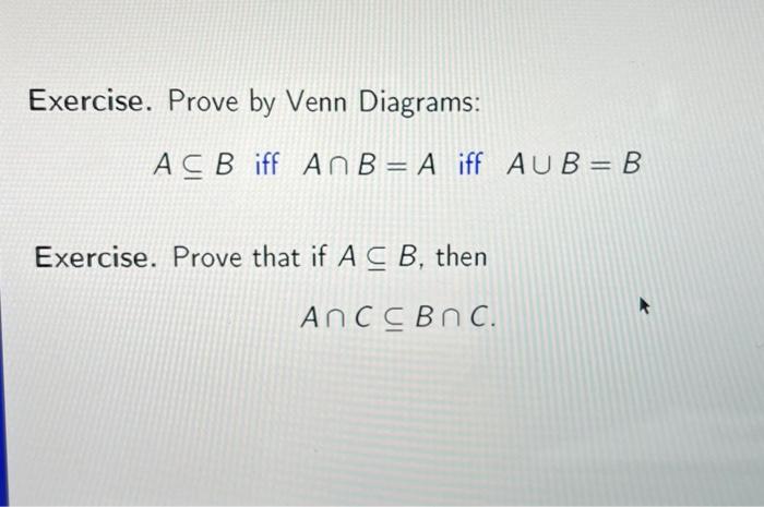 Solved Exercise. Prove By Venn Diagrams: A⊆B Iff A∩B=A Iff | Chegg.com