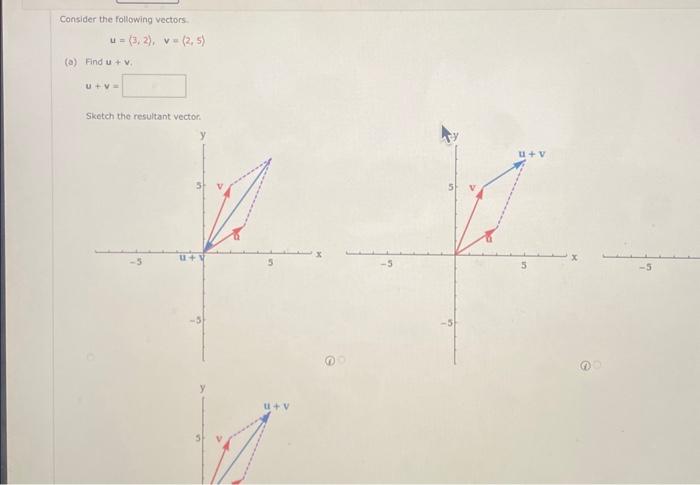Solved Consider the following vectors. u=(3,2),v=(2,5) (a) | Chegg.com