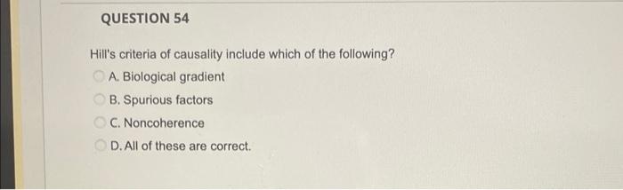 Solved Question 54 Hills Criteria Of Causality Include 3272