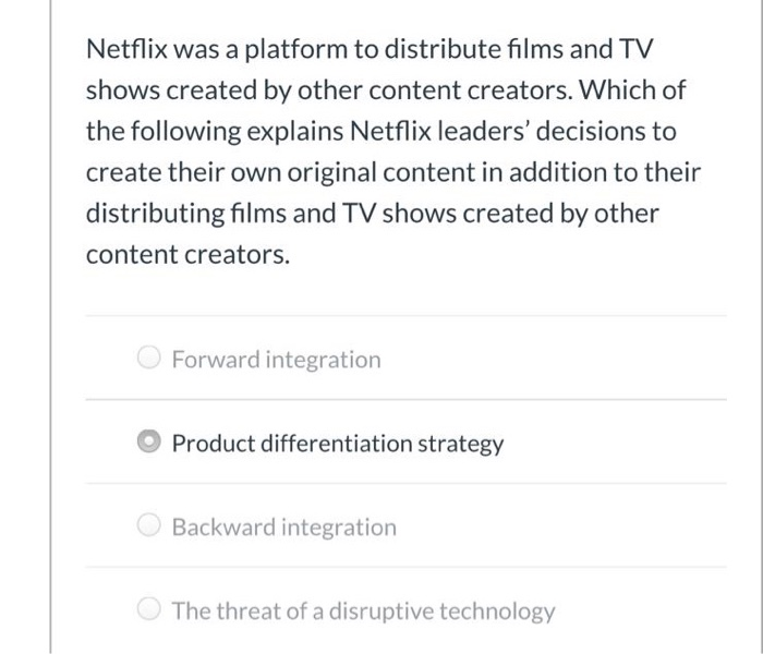 Solved Netflix was a platform to distribute films and TV | Chegg.com