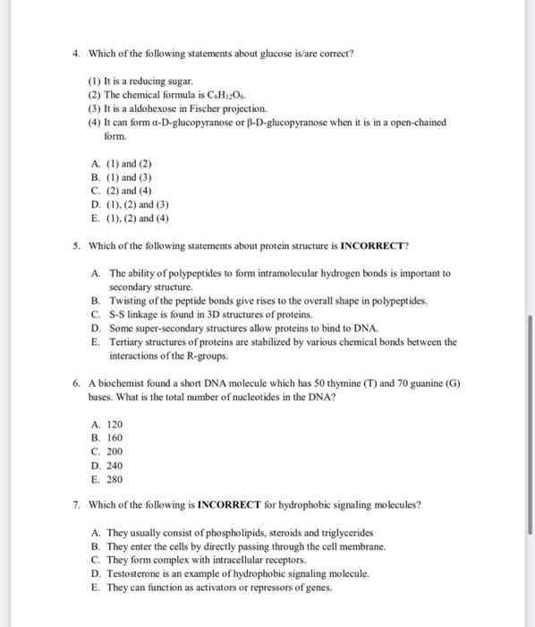 Solved 4. Which of the following statements about glucose | Chegg.com