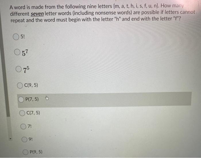 Solved A Word Is Made From The Following Nine Letters M A Chegg Com