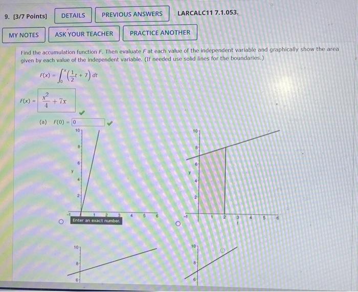 Find the accumulation function \( F \). Then evaluate \( F \) at each value of the independent variable and graphically show 