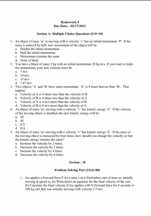 Solved Homework 4 Due Date 02 17 21 Section A Multi Chegg Com